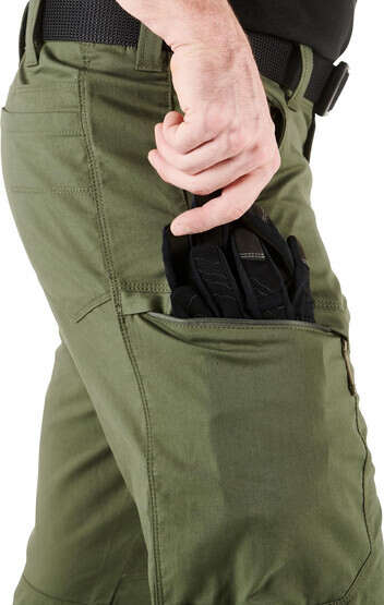 5.11 Tactical Apex Pant in TDU green, side view pocket